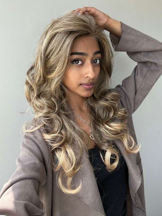 Shyla wearing BRIANNA by ENVY BY ALAN EATON in color FROSTED | Light Brown with Wheat Blonde blended highlights