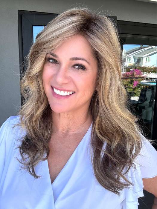Susan Cooke @wigs_with_wisdom wearing ARROW by ELLEN WILLE in color LIGHT BERNSTEIN ROOTED | Light Auburn, Light Honey Blonde, and Light Reddish Brown blend and Dark Roots