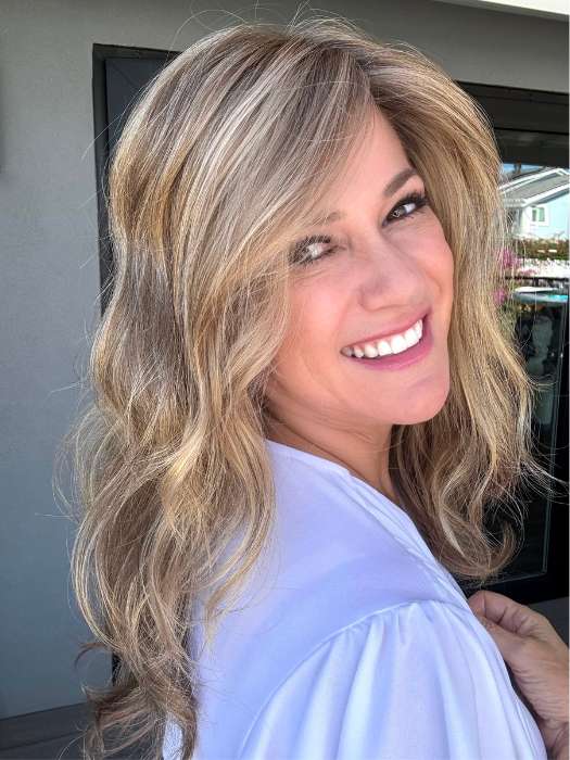 Susan Cooke @wigs_with_wisdom wearing ARROW by ELLEN WILLE in color LIGHT BERNSTEIN ROOTED | Light Auburn, Light Honey Blonde, and Light Reddish Brown blend and Dark Roots