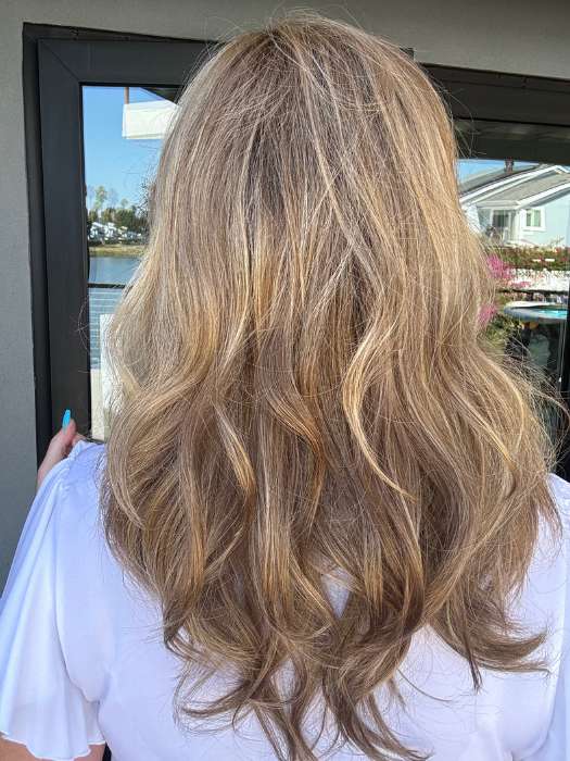 Susan Cooke @wigs_with_wisdom wearing ARROW by ELLEN WILLE in color LIGHT BERNSTEIN ROOTED | Light Auburn, Light Honey Blonde, and Light Reddish Brown blend and Dark Roots