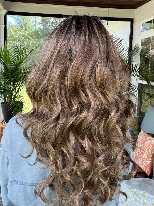 Jenna @jenna_fail wearing BRIANNA by ENVY BY ALAN EATON in color HONEY BREEZE | A blend of Cool, Honey Blonde and Multi-Dimensional Medium Brown with Darker Brown Roots