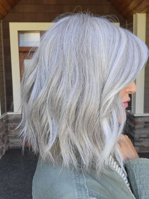 Natalie @vanish.into.thin.hair wearing HOLLIE by JON RENAU in color 56F51 OYSTER | Light Grey with 20% Medium Brown Front, graduating to Grey with 30% Medium Brown Nape