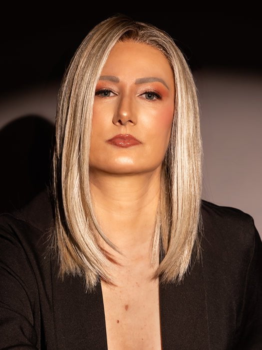 Tanya, model, wearing DRIVE by ELLEN WILLE in color PEARL BLONDE ROOTED 101.24.20 | Pearl Platinum, Dark Ash Blonde, and Medium Honey Blonde Mix FB MAIN IMAGE