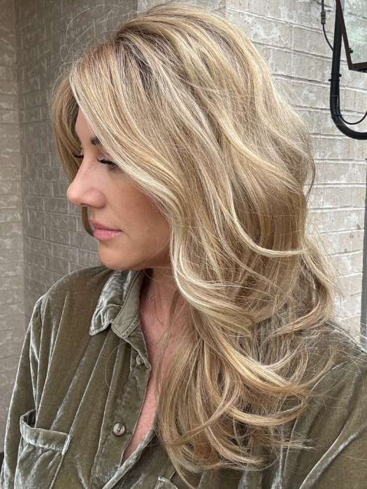 Jenny B. @thewiggygirl wearing ARROW by ELLEN WILLE in color CARAMEL LIGHTED | Dark Honey Blonde base with Gold Blonde highlights on the top only, darker nape