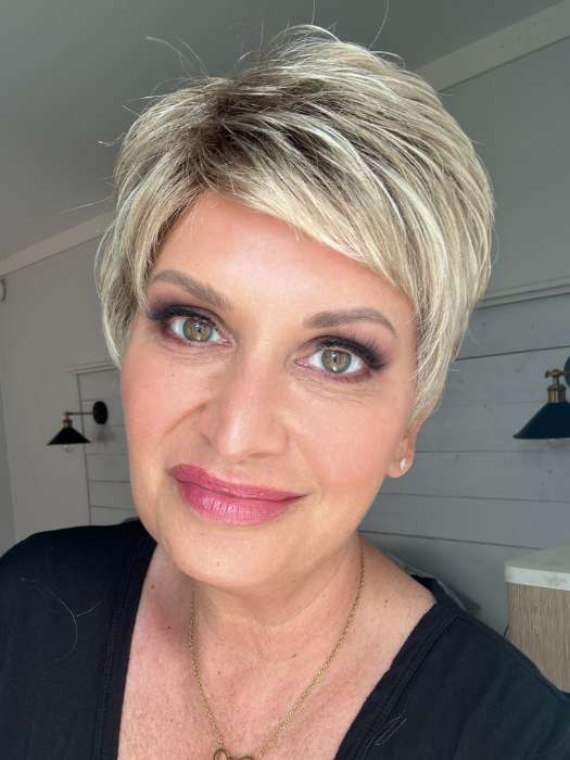 Emily H. @she_sheds_more wearing TAB by ELLEN WILLE in color SANDY BLONDE ROOTED | Medium Honey Blonde, Light Ash Blonde, and Lightest Reddish Brown blend with Dark Roots