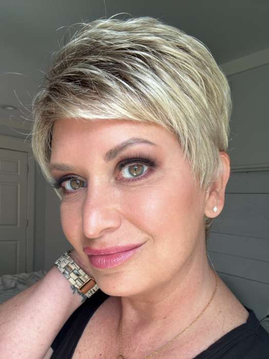 Emily H. @she_sheds_more wearing TAB by ELLEN WILLE in color SANDY BLONDE ROOTED | Medium Honey Blonde, Light Ash Blonde, and Lightest Reddish Brown blend with Dark Roots