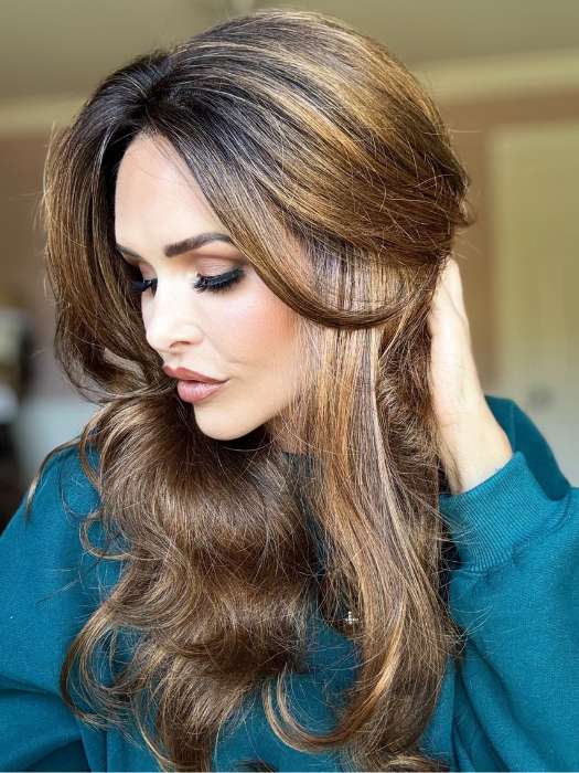 Crystal Honeycutt @crystallhoneycutt wearing BRIANNA by ENVY BY ALAN EATON in color SAFFRON-SPICE | A blend of Light Coppers and Warm Auburns with Darker Brown Roots