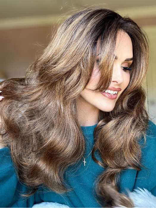 Crystal Honeycutt @crystallhoneycutt wearing BRIANNA by ENVY BY ALAN EATON in color SAFFRON-SPICE | A blend of Light Coppers and Warm Auburns with Darker Brown Roots