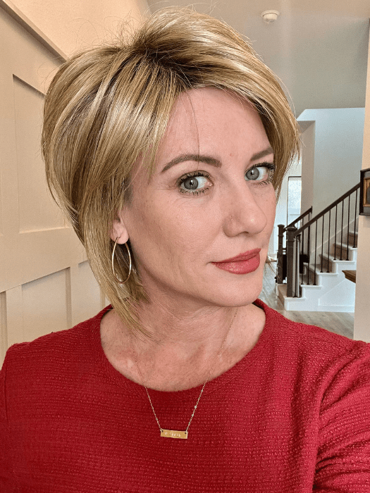 Jenny B. @thewiggygirl wearing REESE by NORIKO in color CREAMY TOFFEE R | Dark Blonde Evenly Blended with Light Platinum Blonde and Light Honey Blonde with Dark Brown roots PPC MAIN IMAGE